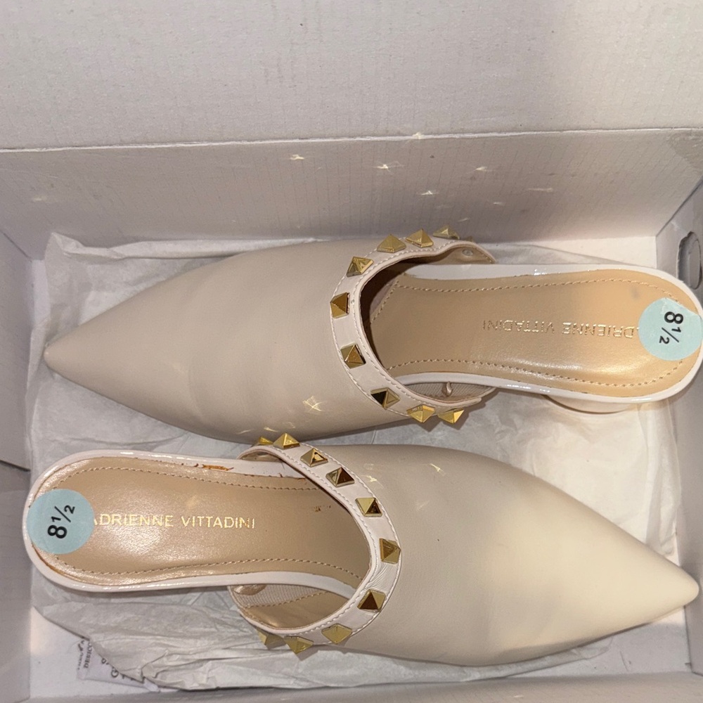 Adrienne Vittadini Cream Mules with Gold Studs